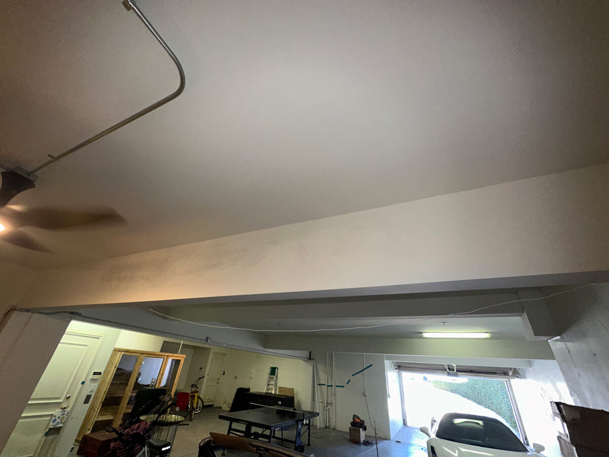 Moldy ceiling in a Garage with a light fixture above, highlighting the deterioration and neglect of the space.