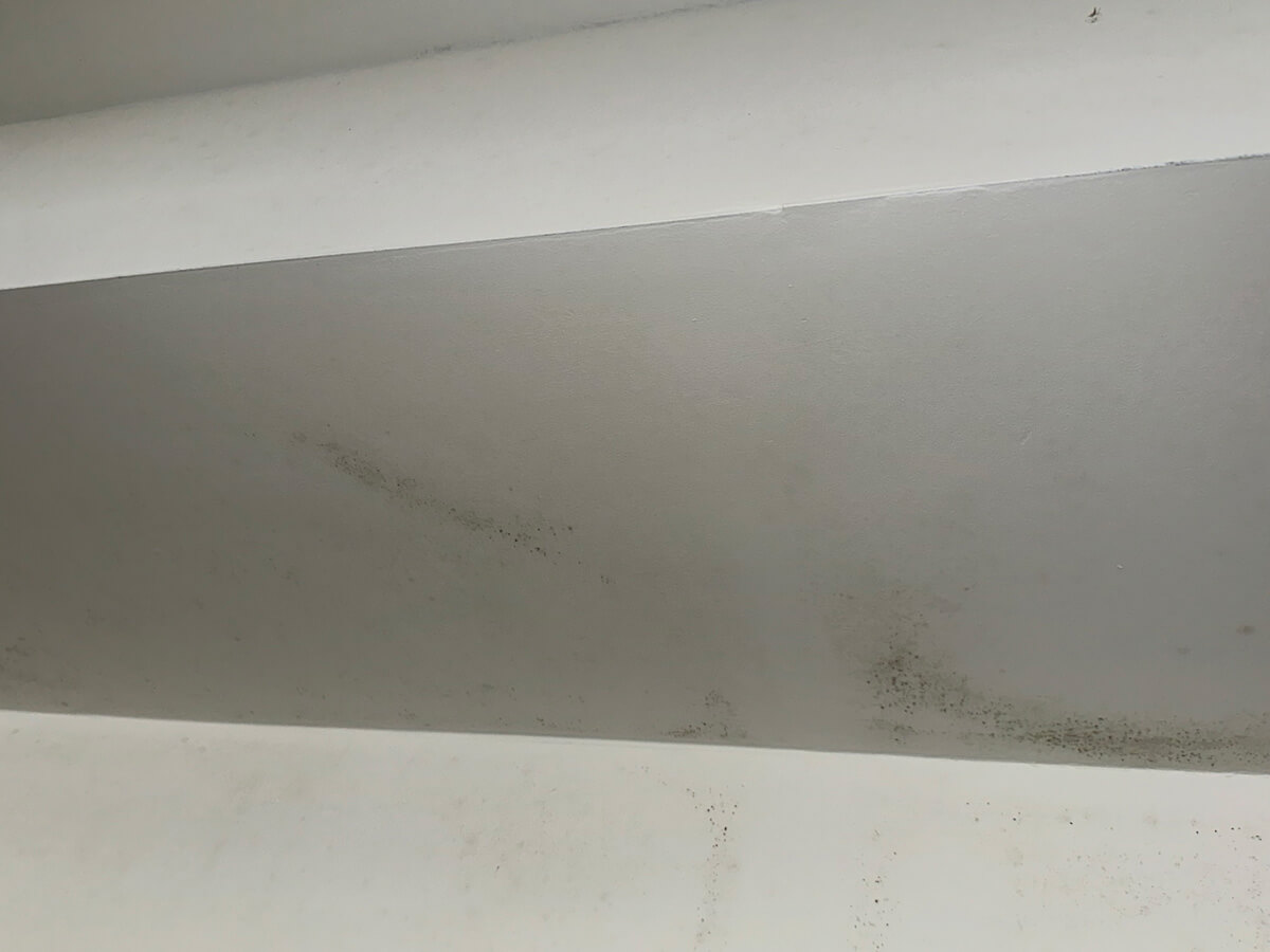 White ceiling showing patches of mold, indicating potential moisture issues in the room.