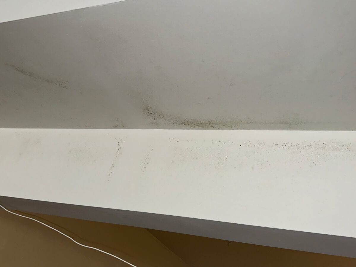 White ceiling showing patches of mold, indicating potential moisture issues in the room.