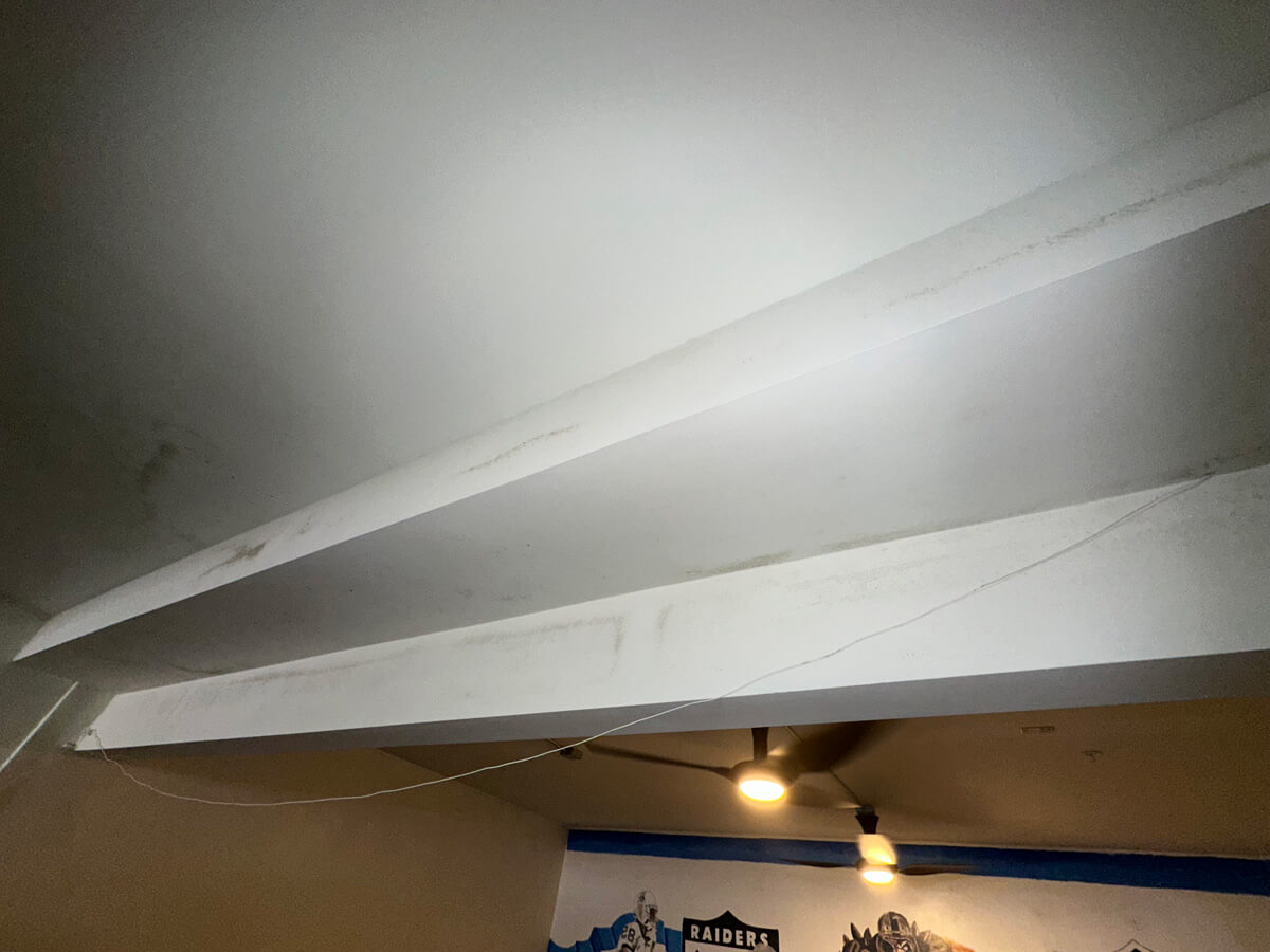 Ceiling with visible mold and exposed wires hanging down, indicating potential maintenance issues.