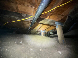 Los Angeles Home – Addressing Health Concerns And Hidden Mold Growth 3 A Pipe Running Beneath The Floor Of A Home, Visible Through A Small Opening In The Flooring.