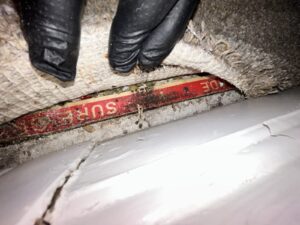 Inspector pulling back carpet to expose tack strip and mold at wall edge in Coto de Caza, CA.