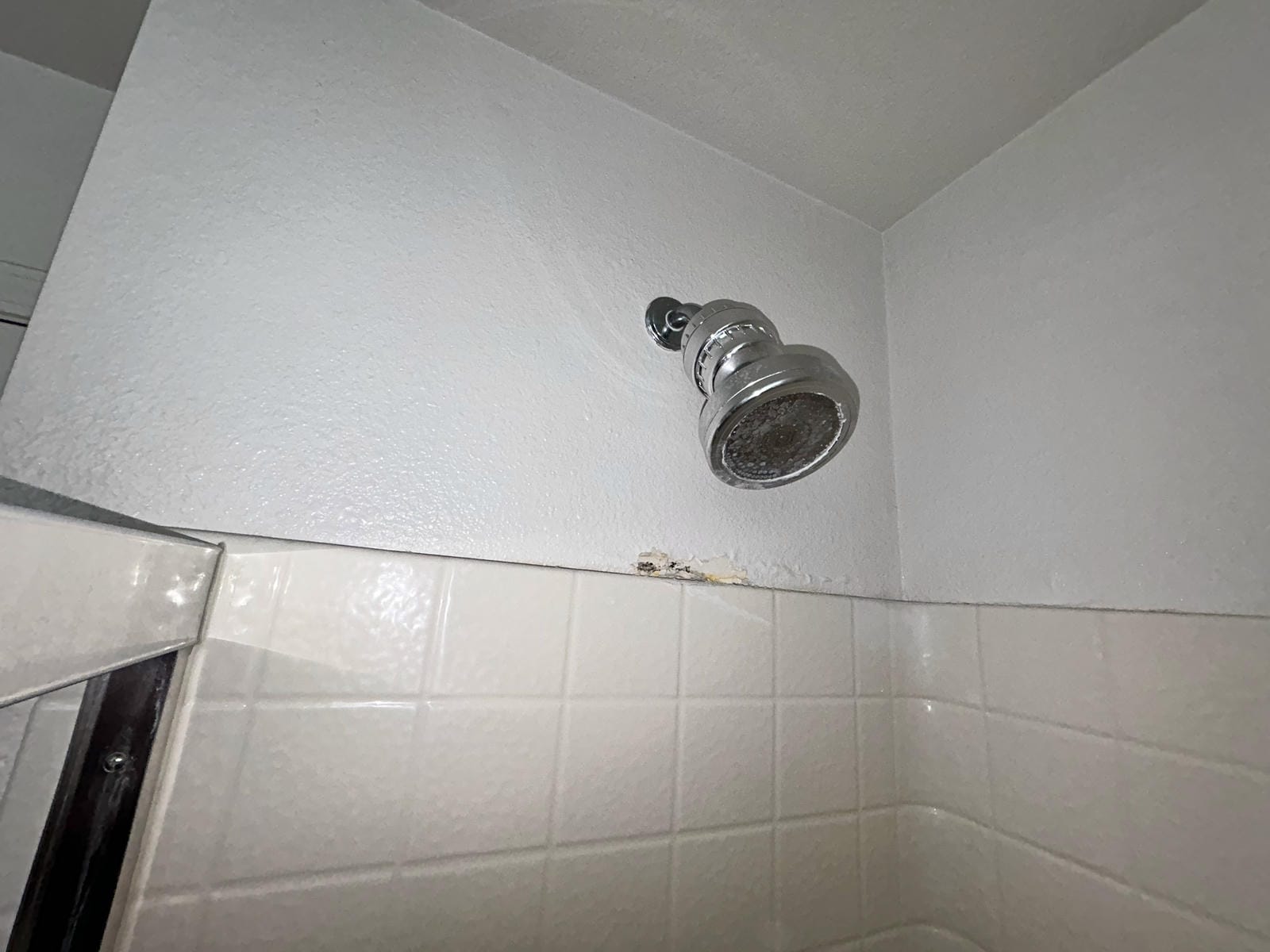 Bathroom mold inspection in Newport Beach showing water damage near showerhead on painted drywall above tile.