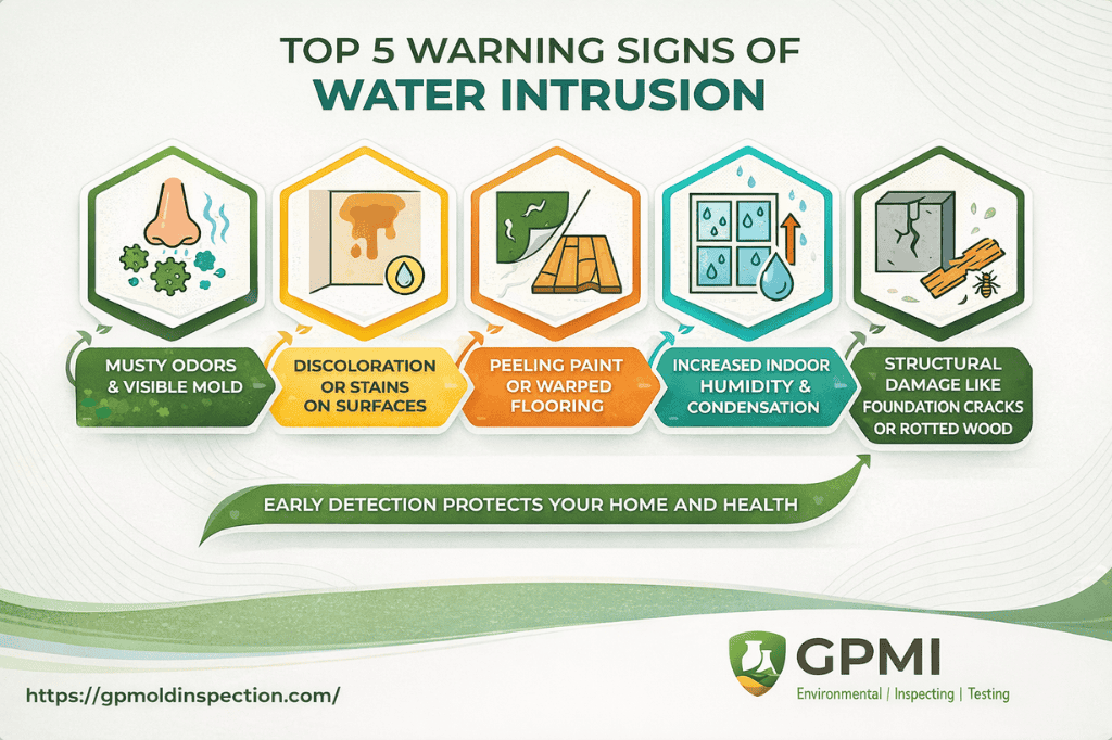 Infographic Showing The Top 5 Warning Signs Of Water Intrusion, Including Musty Odors, Discoloration Or Stains On Surfaces, Peeling Paint Or Warped Flooring, Increased Indoor Humidity, And Structural Damage.