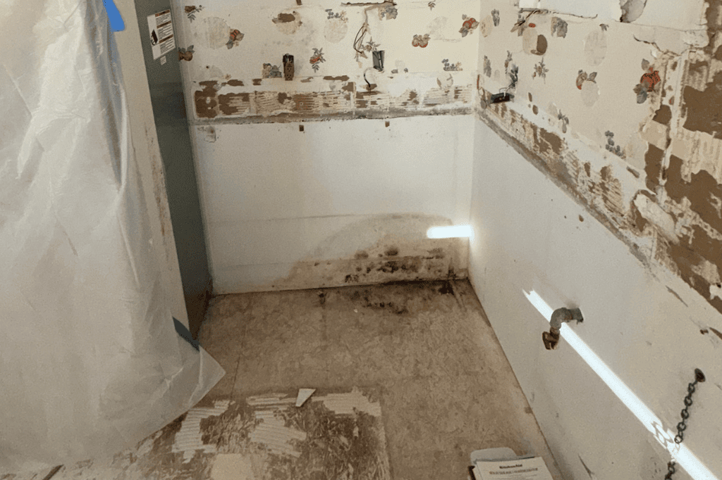 Water Intrusion Damage Showing Visible Mold Growth And Peeling Wallpaper On A Wall In A Room.