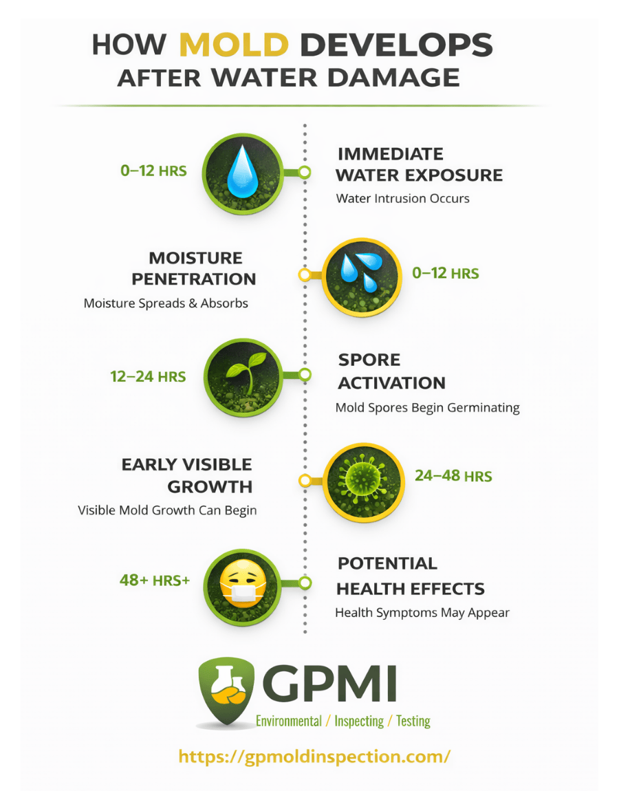 Mold Growth Timeline Infographic Showing Stages After Water Damage Exposure