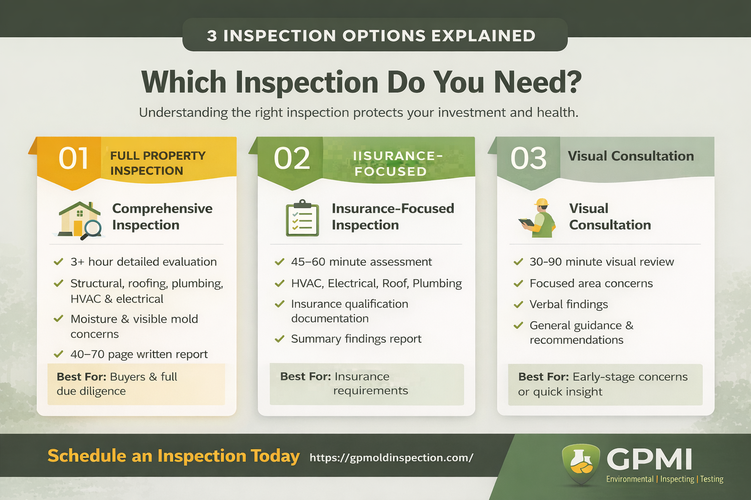 Infographic Explaining Three Gpmi Inspection Options Including Full, 4-Point, And Consultation Services.