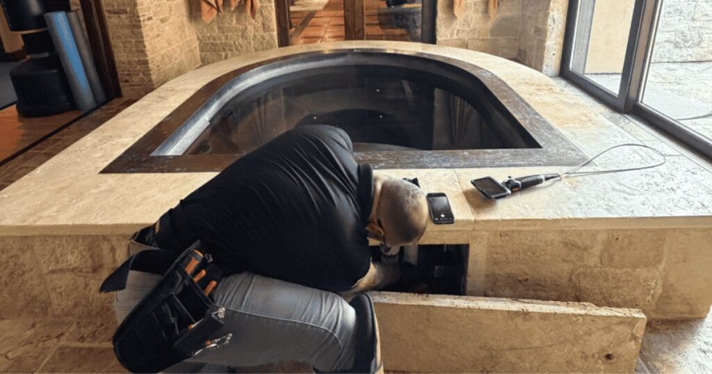Moisture-Inspection-Hidden-Leak-Hot-Tub-Area Joseph Performing Mold Inspection For Hidden Mold In Hot Tub Area