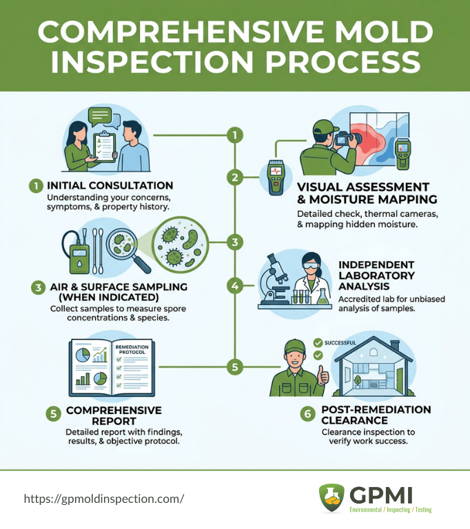 Infographic Outlining Comprehensive Mold Inspection Process From Consultation To Post-Remediation Clearance.