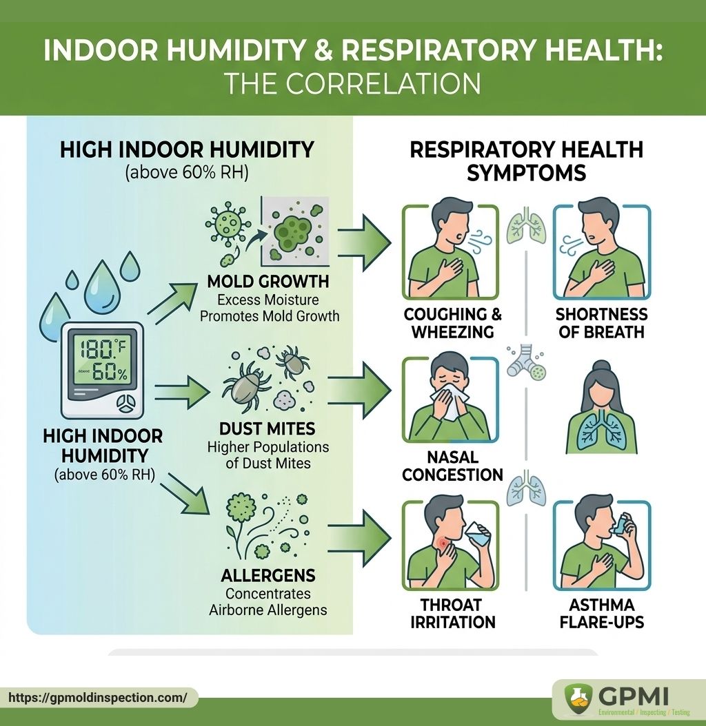 User-Inserted Infographic Showing The Correlation Between High Indoor Humidity And Respiratory Health Issues, Illustrating How Excess Moisture Leads To Mold Growth, Dust Mites, And Allergens, Which Cause Symptoms Like Coughing, Shortness Of Breath, Nasal Congestion, And Asthma Flare-Ups.