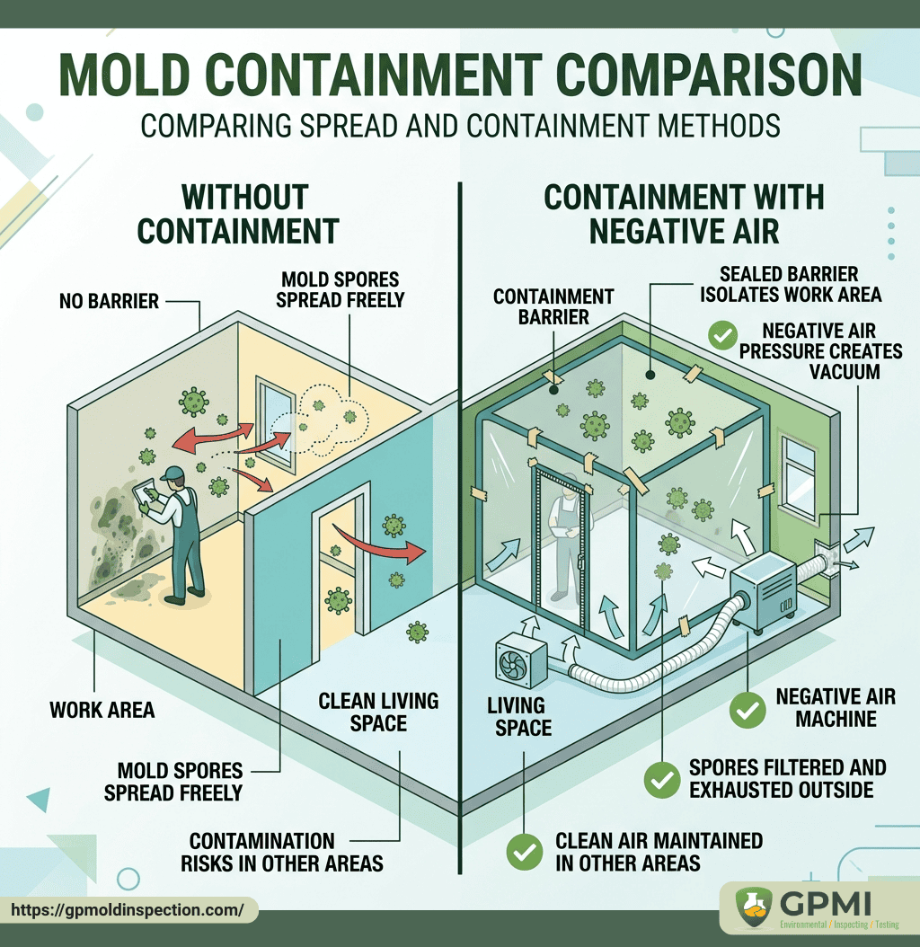 Infographic Comparing Mold Spread With And Without Containment, Highlighting The Benefits Of Using A Sealed Barrier And Negative Air Pressure To Control Contamination.