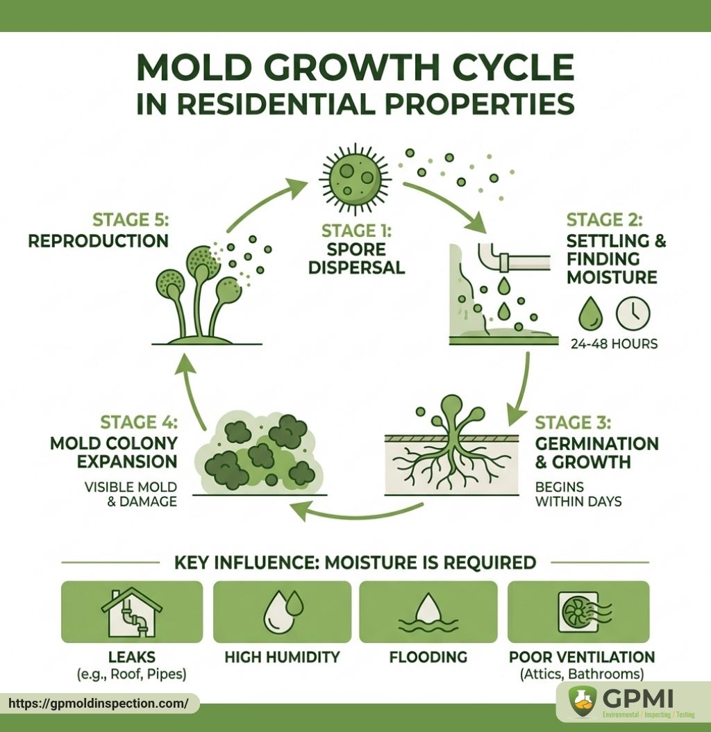 User-Inserted Infographic Illustrating The Mold Growth Cycle In Residential Properties, Outlining Stages From Spore Dispersal To Reproduction, And Highlighting The Key Influence Of Moisture In Mold Formation.