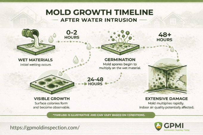 Infographic Showing Mold Growth Timeline After Water Intrusion Over 48 Hours.
