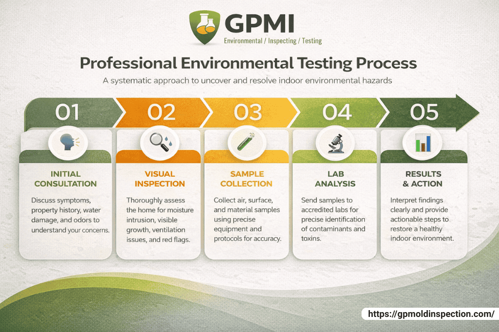 Infographic Outlining The 5-Step Professional Environmental Testing Process To Detect And Resolve Indoor Hazards, Including Consultation, Inspection, Sample Collection, Lab Analysis, And Results.