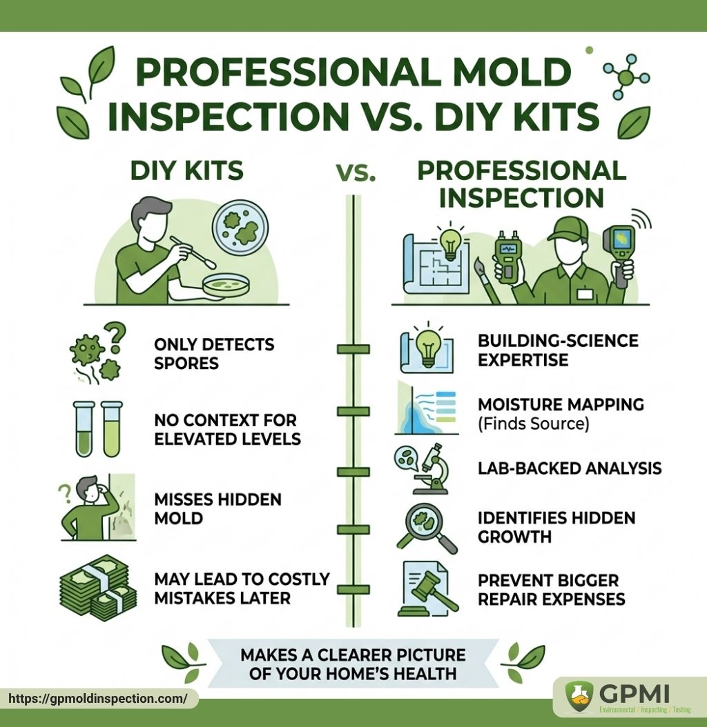 User-Inserted Infographic Comparing Diy Mold Kits With Professional Mold Inspections, Highlighting The Advantages Of Professional Expertise, Moisture Mapping, And Identifying Hidden Mold Growth For Better Accuracy And Prevention Of Costly Repairs.