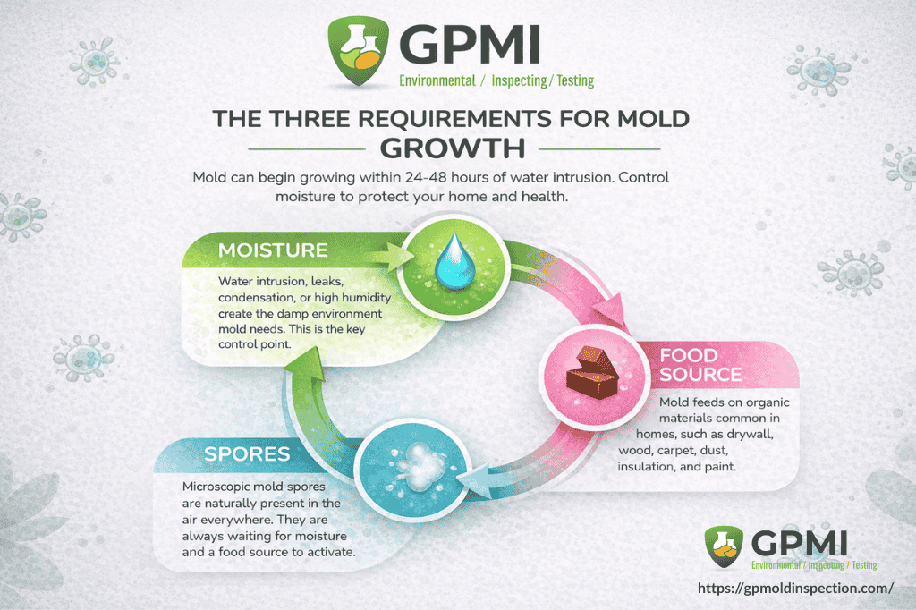 Infographic Showing Moisture, Food Source, And Spores Required For Mold Growth
