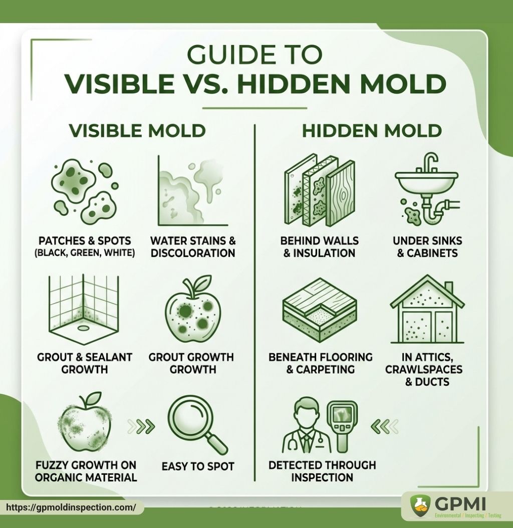 User-Inserted Infographic Comparing Visible Mold Vs Hidden Mold, Highlighting Common Signs Such As Patches, Water Stains, Grout Growth, And Areas Where Hidden Mold Can Be Found Like Behind Walls, Beneath Floors, And In Attics.