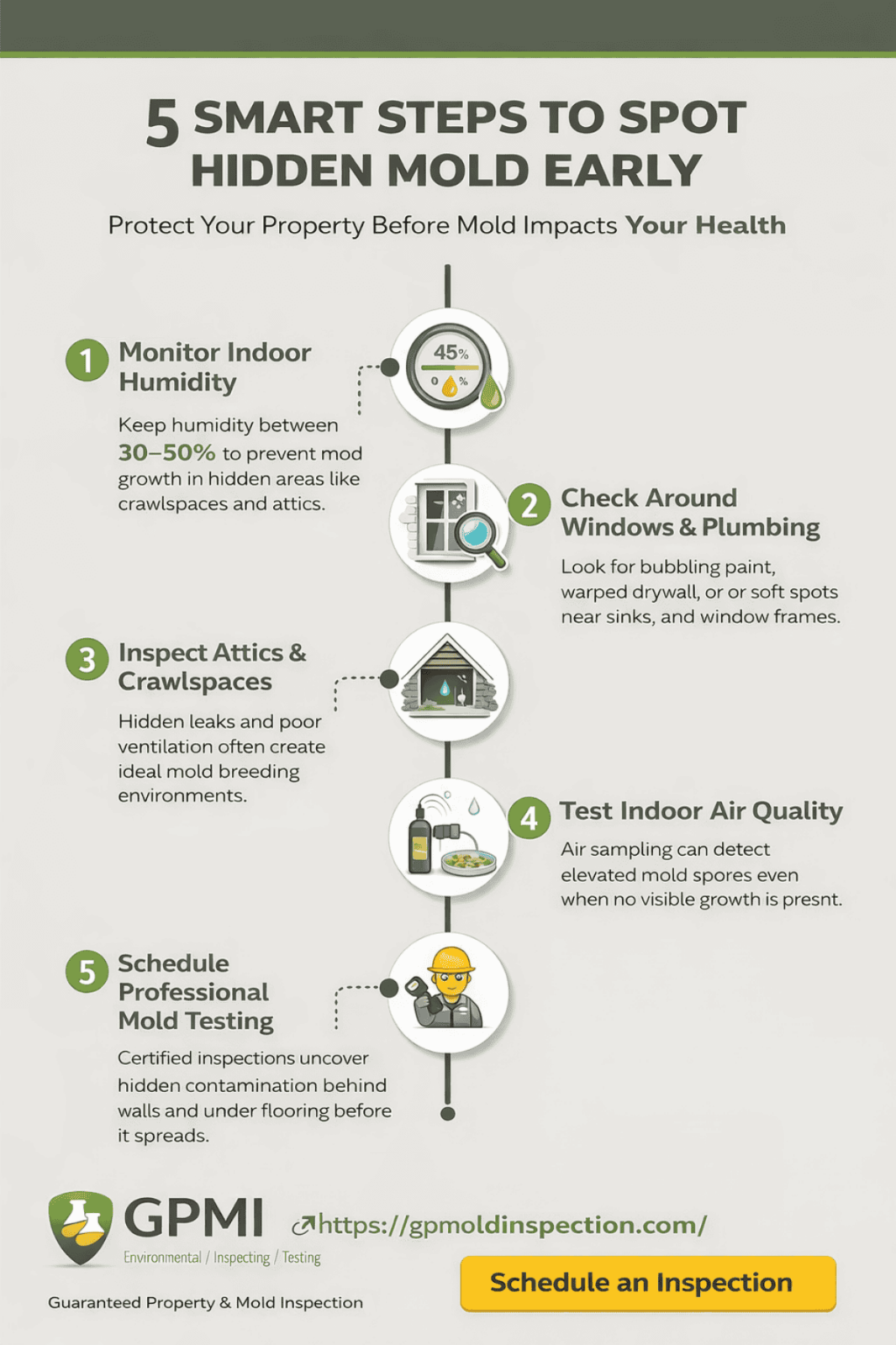 Infographic Outlining 5 Steps To Identify Hidden Mold Early In Homes And Buildings For Effective Prevention.