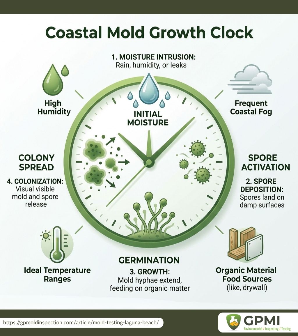 Infographic Showing Coastal Mold Growth Cycle Including Moisture Intrusion, Spore Activation, Germination, And Colony Spread Caused By Humidity And Damp Conditions