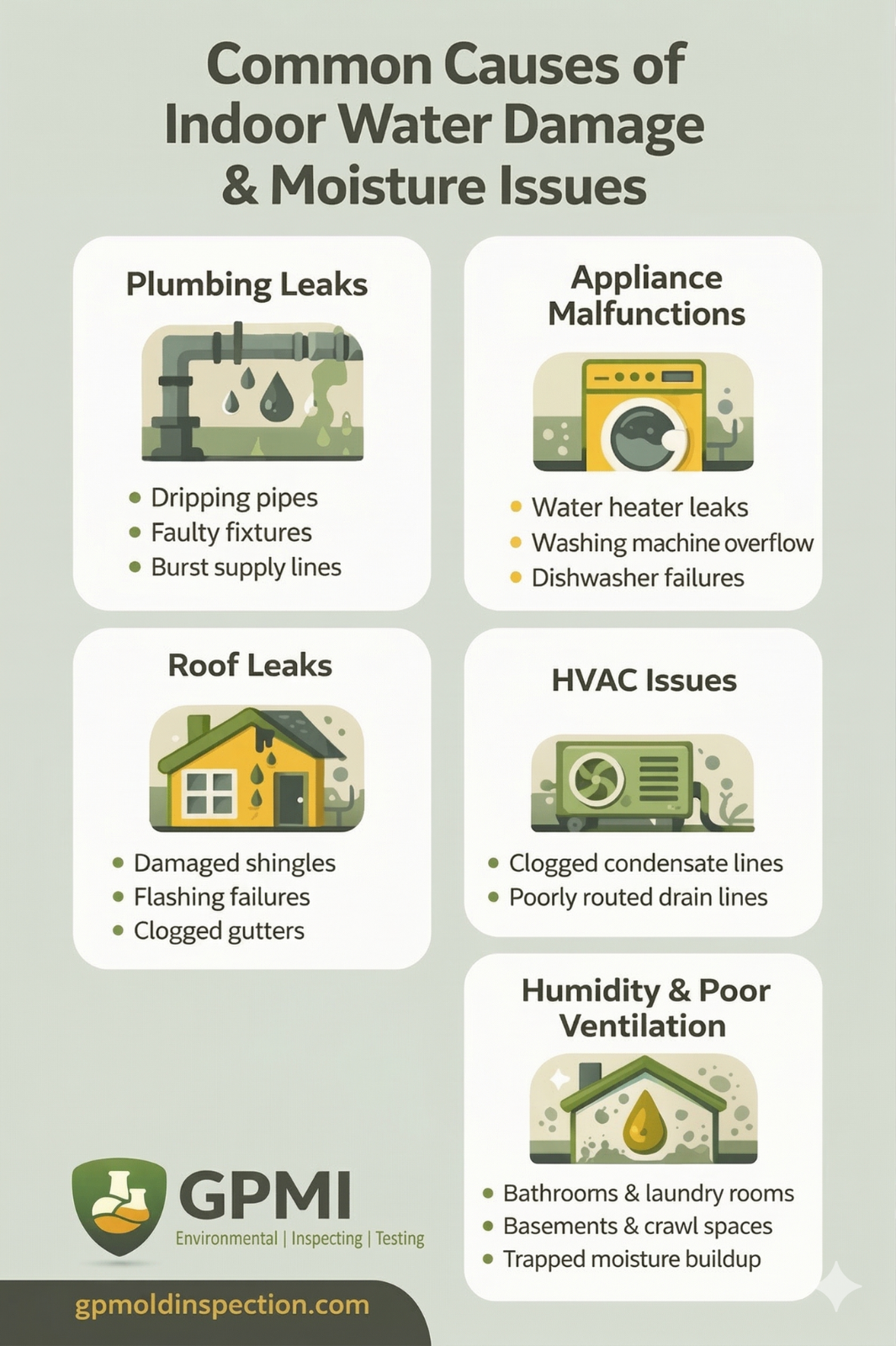 User-Inserted Infographic Showing Common Indoor Water Damage Causes Including Plumbing Leaks, Roof Leaks, Hvac Issues, And Humidity Problems.