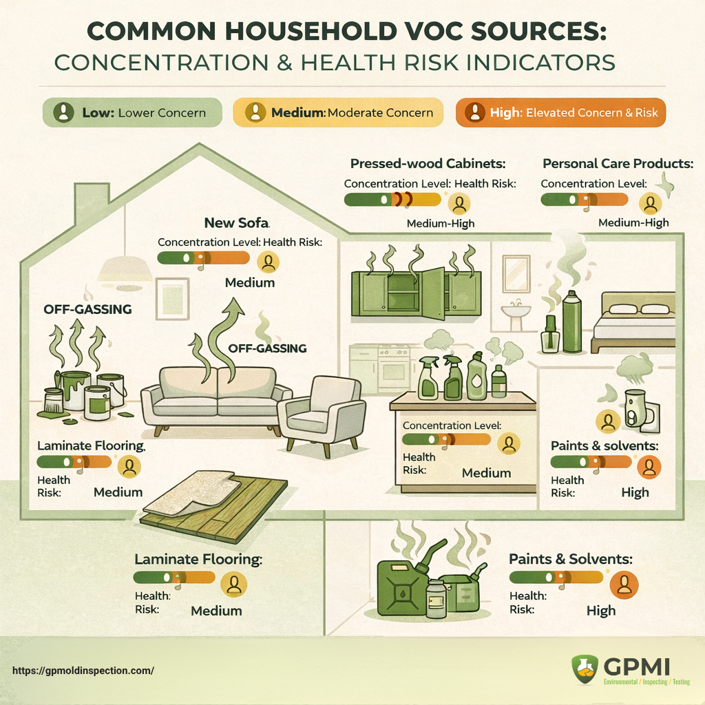 Infographic On Household Voc Sources Shows Sofa, Cabinets, And Products With Risk Levels: Green (Low), Yellow (Medium), Red (High). Arrows Indicate Off-Gassing.