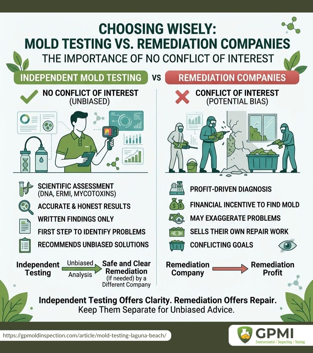 Infographic Comparing Independent Mold Testing And Remediation Companies Highlighting Unbiased Testing Versus Conflict Of Interest In Mold Removal Services