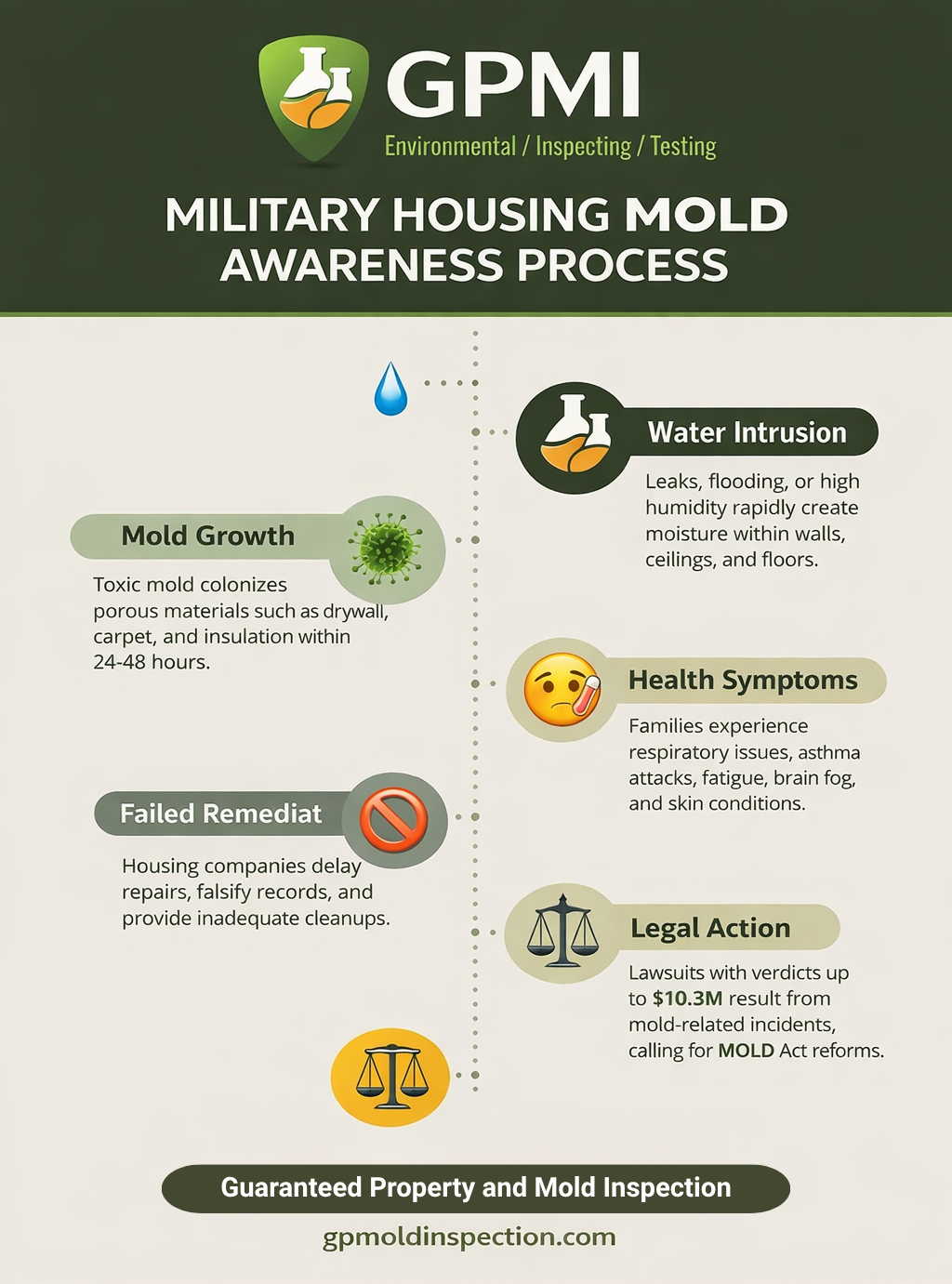 Infographic Illustrating The Military Housing Mold Awareness Process, Focusing On Prevention And Health Safety Measures.