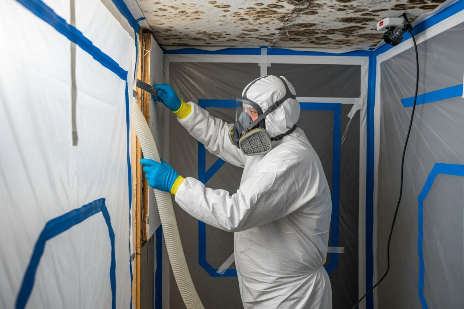 User-Inserted A Man In Protective Gear And A Mask Is Conducting Mold Remediation And Testing Procedures.