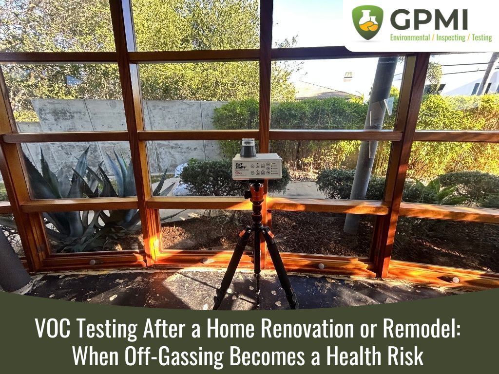 A VOC testing device on a tripod sits indoors by a large window with a garden view. The image promotes post-renovation air quality testing.