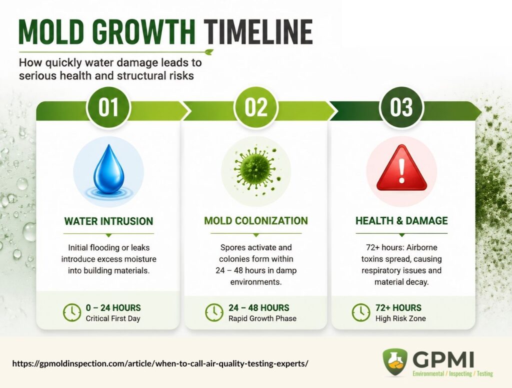 Timeline Illustrating The Stages Of Mold Growth, Showing Progression From Initial Spores To Full Development.