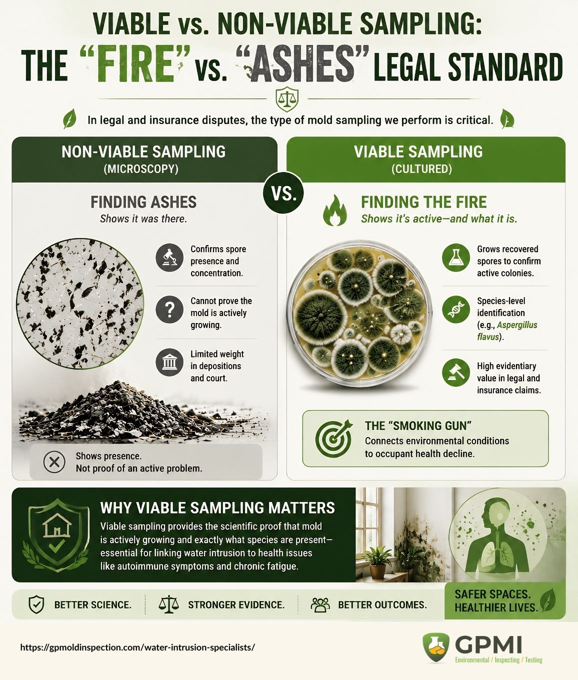 User-Inserted Nfographic Comparing Viable And Non-Viable Mold Sampling For Legal, Insurance, And Indoor Air Quality Investigations.