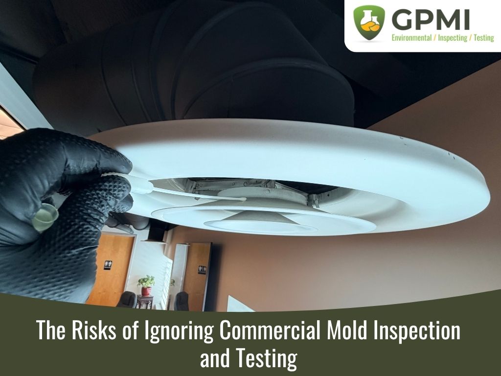 Commercial mold inspector collecting a sample from an HVAC ceiling vent to assess hidden mold risks in a building.