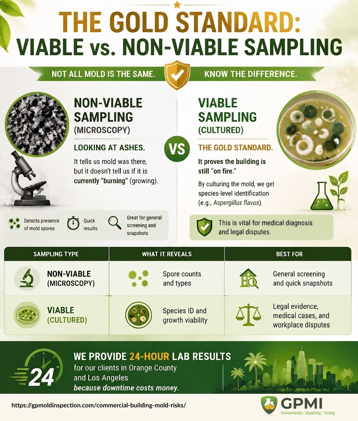 User-Inserted Infographic Comparing Viable And Non-Viable Mold Sampling Methods For Commercial Building Mold Testing And Lab Analysis.