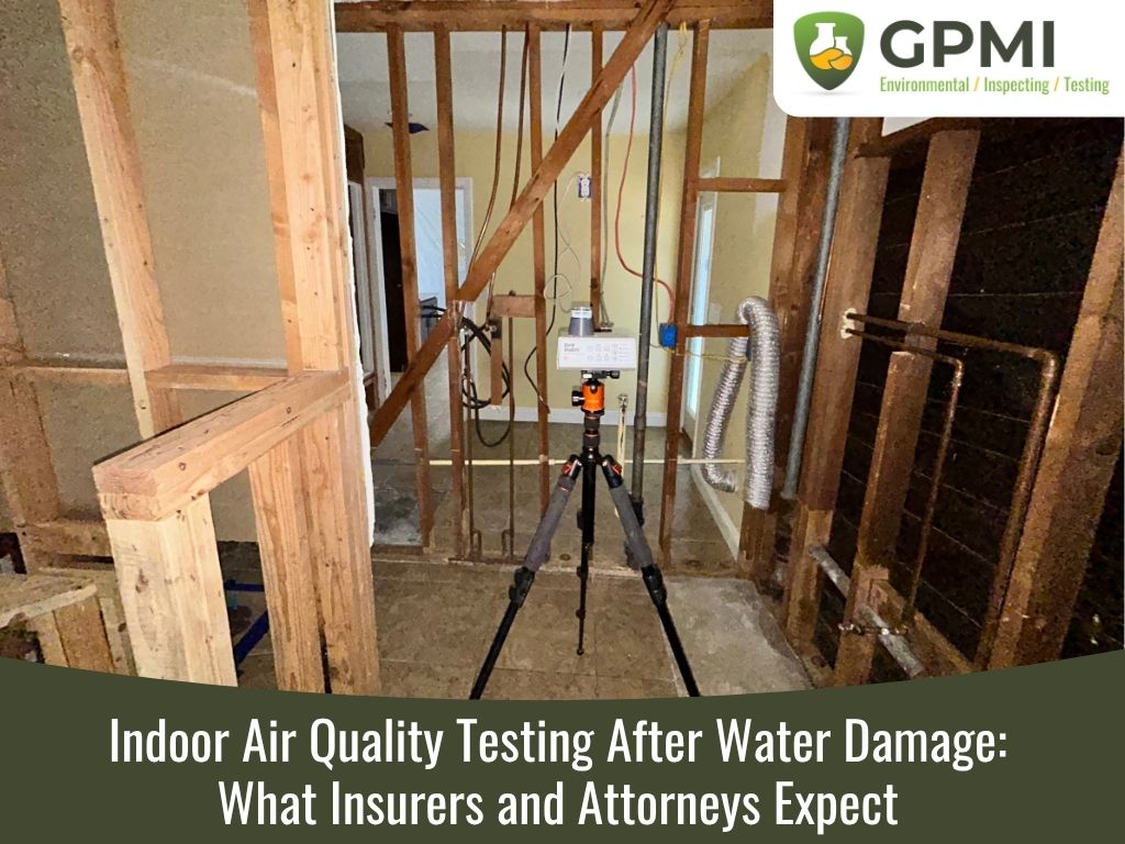 Indoor air quality testing equipment set up inside a water-damaged building with exposed framing and construction materials.